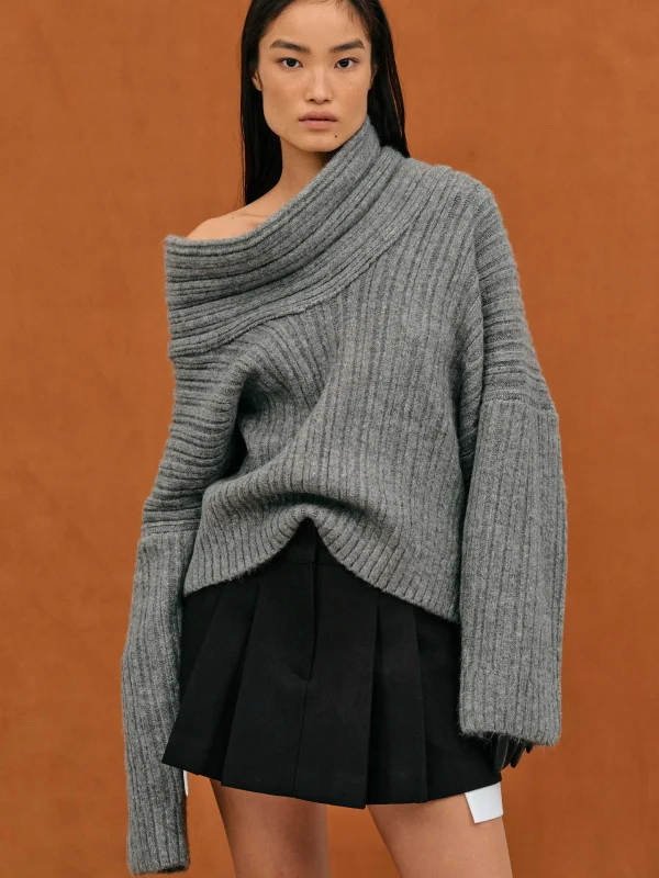 Store Source Unknown Becca Pull Surdimensionne En Tricot A Rouleau Haut, Gris Tempete