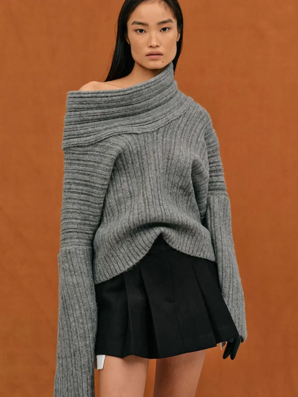 Store Source Unknown Becca Pull Surdimensionne En Tricot A Rouleau Haut, Gris Tempete