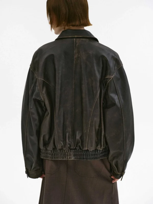 Cheap Source Unknown Blouson Aviateur En Cuir D'Agneau Delave Geva, Marron