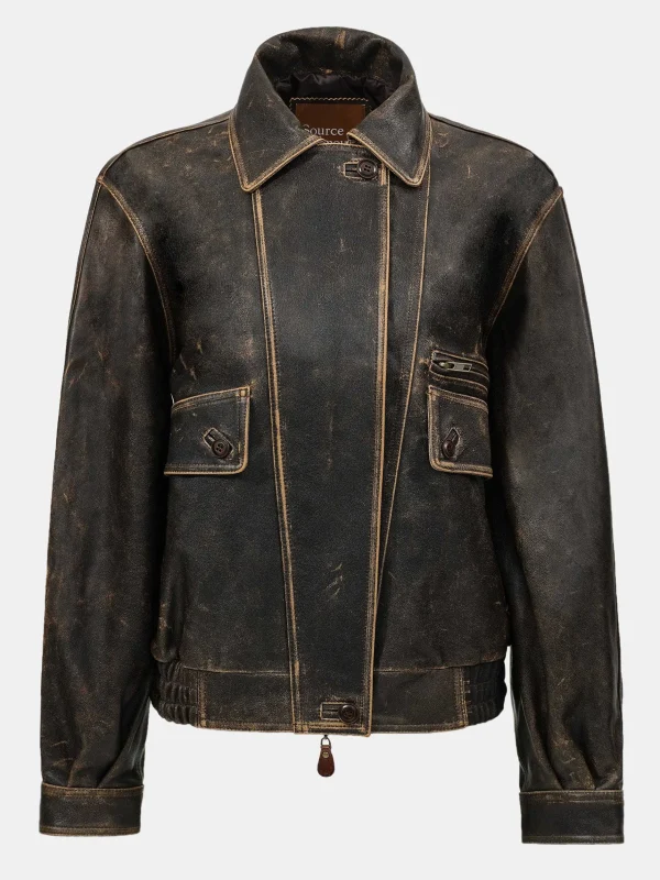 Sale Source Unknown Blouson Aviateur En Cuir D'Agneau Delave Geva, Marron