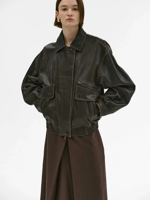 Cheap Source Unknown Blouson Aviateur En Cuir D'Agneau Delave Geva, Marron