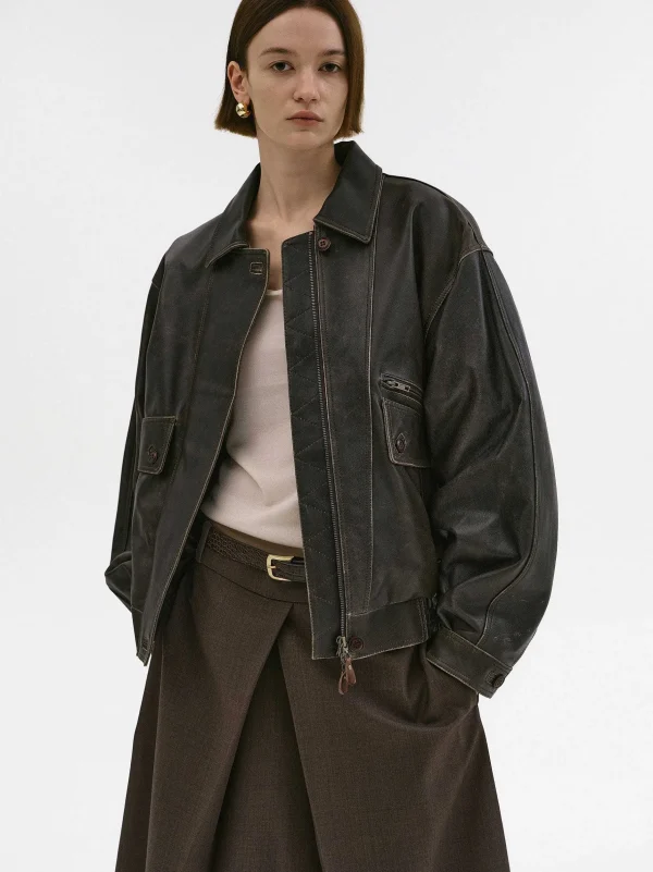 Cheap Source Unknown Blouson Aviateur En Cuir D'Agneau Delave Geva, Marron