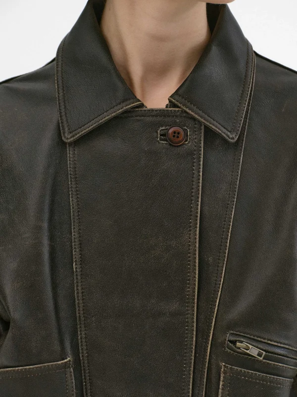 Cheap Source Unknown Blouson Aviateur En Cuir D'Agneau Delave Geva, Marron