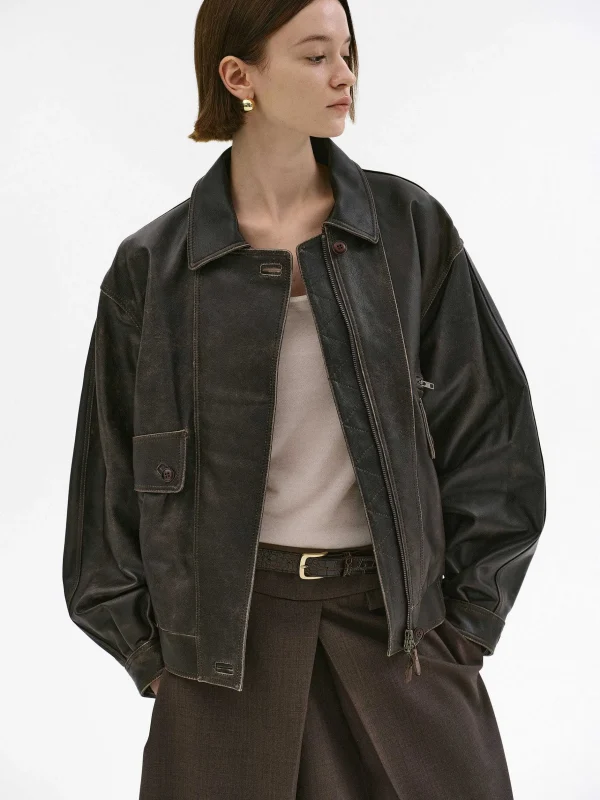 Cheap Source Unknown Blouson Aviateur En Cuir D'Agneau Delave Geva, Marron