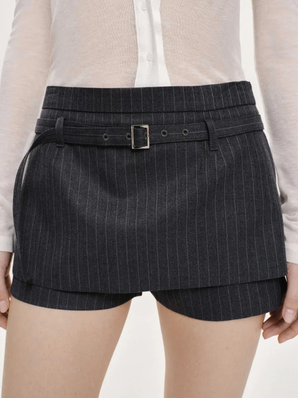 New Source Unknown Mini-Jupe-Short Ceinturee Rioni, Rayures Anthracite