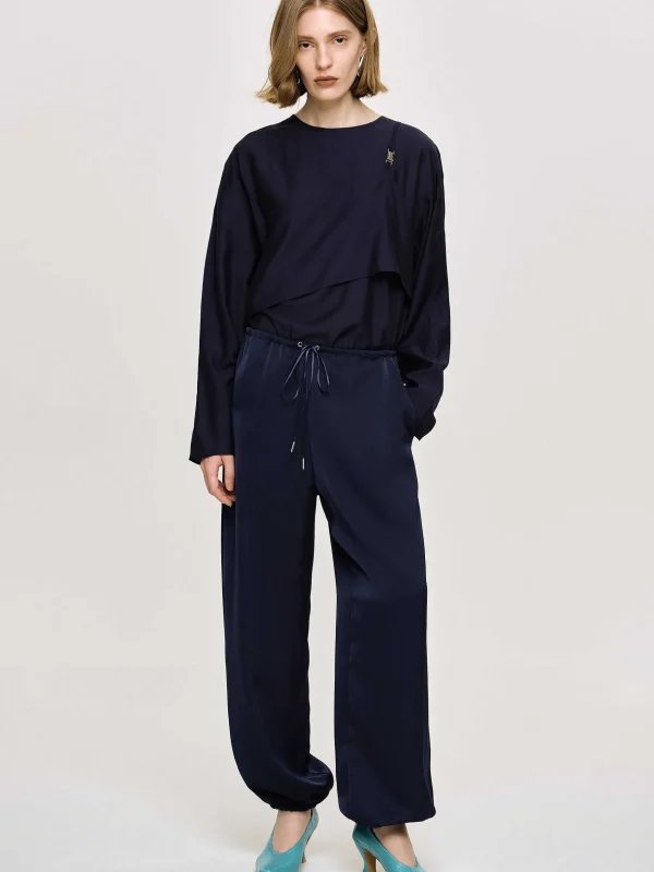 Cheap Source Unknown Pantalon De Jogging En Satin, Bleu Marine