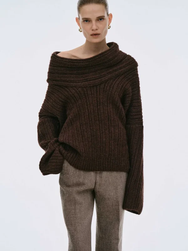 Cheap Source Unknown Pull Surdimensionne En Tricot A Rouleau Eleve Becca, Chocolat