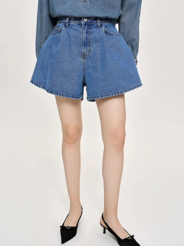 Hot Source Unknown Short En Jean Evase, Bleu Moyen